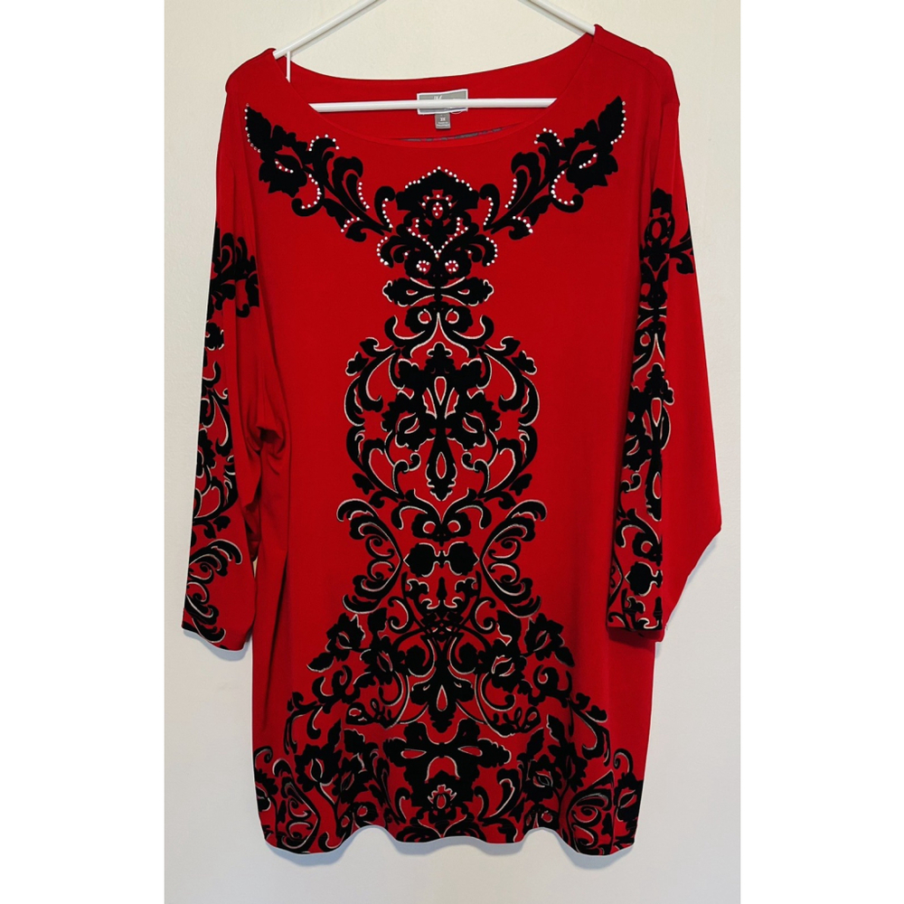 JM Collection Embellished Tunic Women’s 3X Red Rhinestone Floral Scroll Top